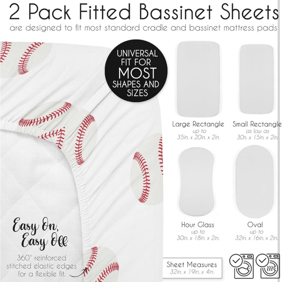 Sweet Jojo Designs Baseball Boy Baby Bassinet Sheets – 2pack - Picture 5 of 8